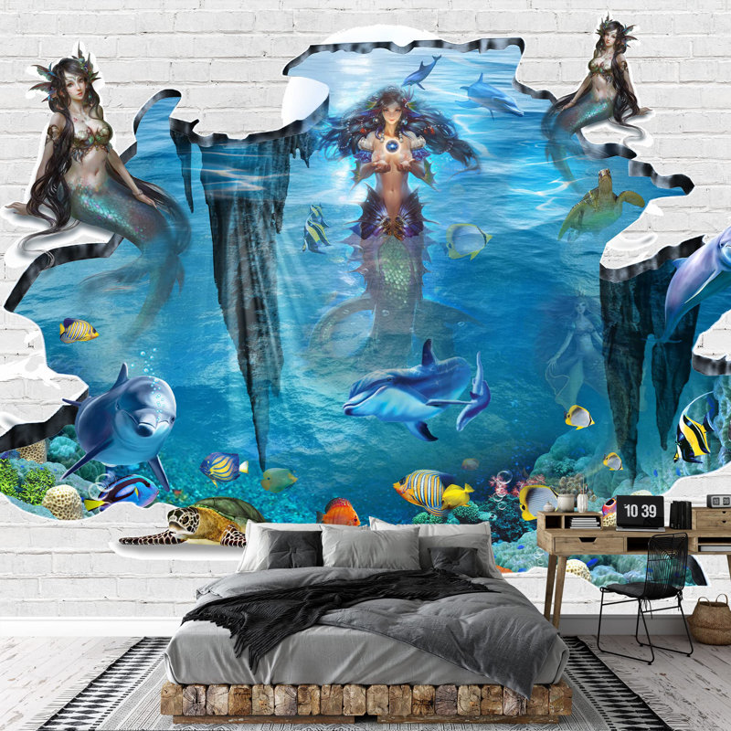 Grand papier peint autocollant Mermaid and Dolphin The Undersea World, L 100 po x l 144 po