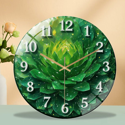 Horloge murale avec plante grasse - Horloge murale moderne en verre 12 po