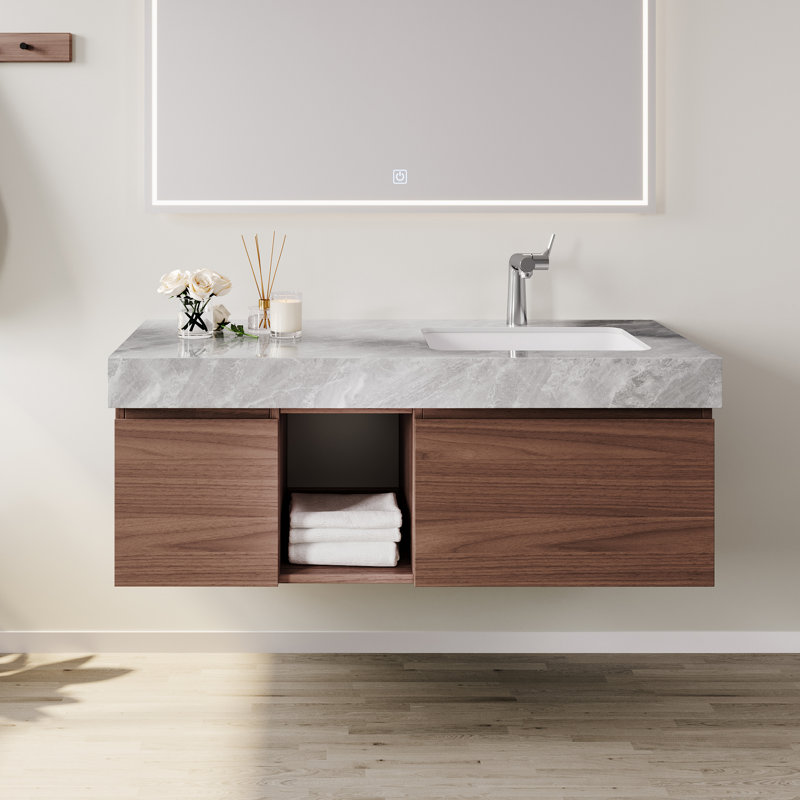 48"Floating Bathroom Vanity with Marble Top & Integrated Sink, Walnut Wood Wall-Mounted Vanity with Drawers and Open Shelf