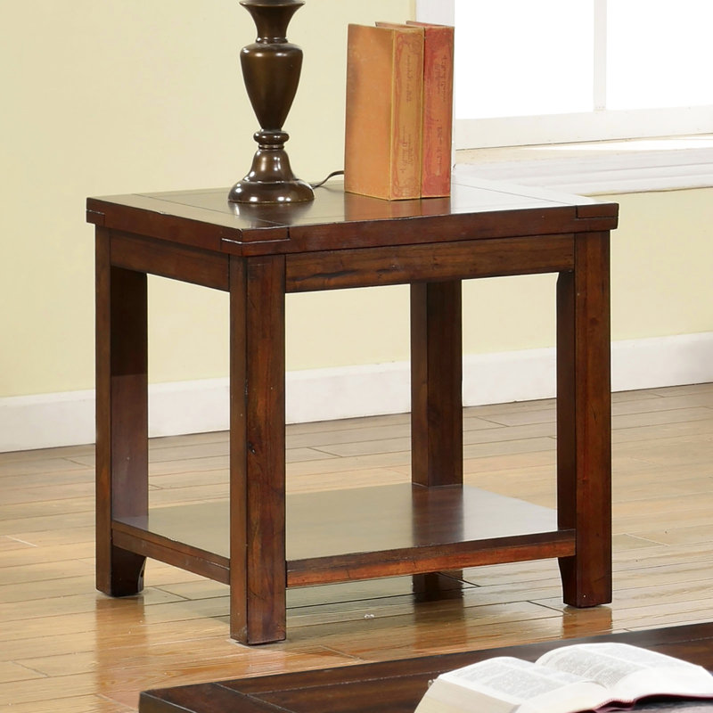 Table de bout transitionnelle avec finition cerisier foncé et tablette ouverte pour le salon Base en forme de H contemporaine en placage de bois naturel