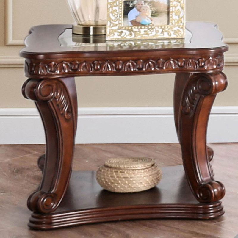 Tata Rectangular Glass Top Solid Wood End Table