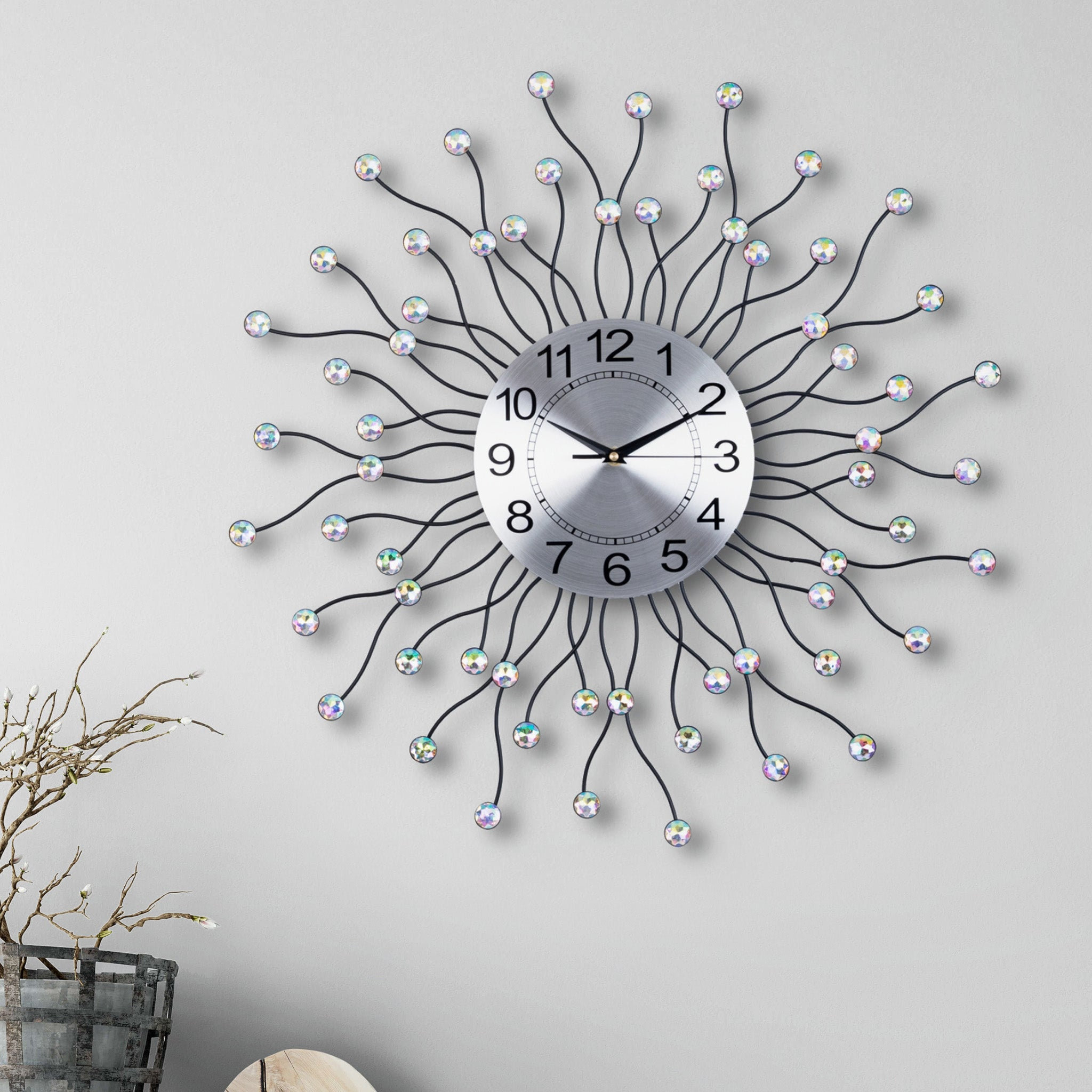 Mercer41 Large Metal Wall Clock with Crystals, Metal Sunburst or Starburst Round  Clock, 60 cm or 24 inch, Quiet Clock, Non-Ticking Clock, Battery-Operated  Clock, Decorative Wall Clock, Analog Clock for Office, Home