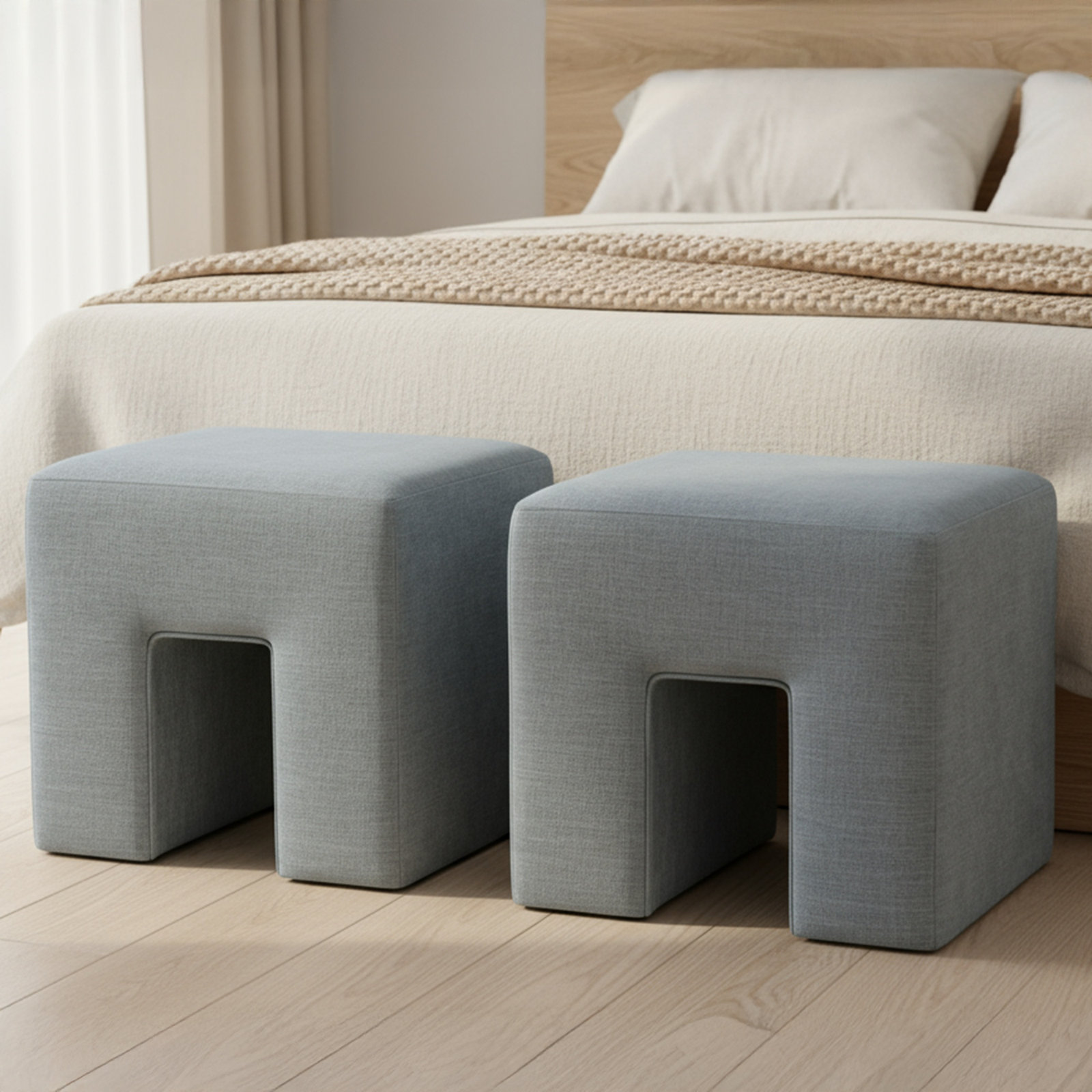 18" Linen Upholstered Ottoman, Light Blue