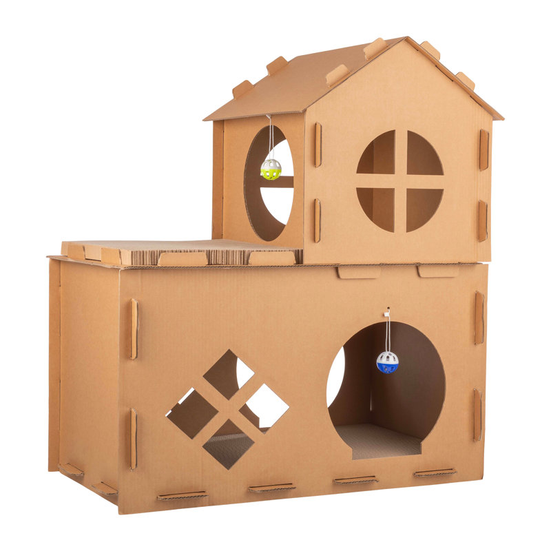 PETMAKER Cat House - Cardboard Cat House with Scratching Pads, Toys, and Catnip - Multi-Level Cat Houses for Indoor Cats, Kittens and Small Animals