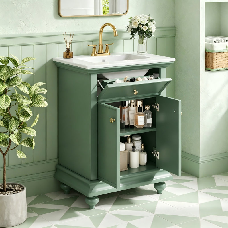 Meuble-lavabo de salle de bain 24 po avec tiroir basculant, charnières à fermeture en douceur et pieds tournés en boule, meuble de rangement autoportant avec structure ouverte à l'arrière, style français d'élégance