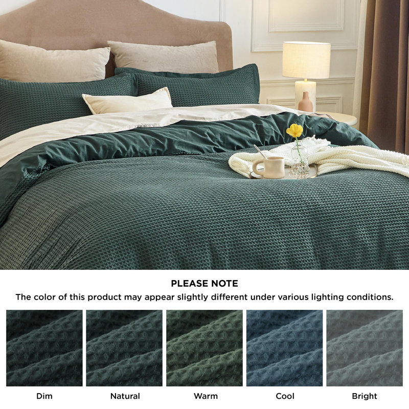 Essential Collection 100% Cotton Waffle Weave Duvet Cover Set, King Duvet Cover + 2 King Shams, Forest Green