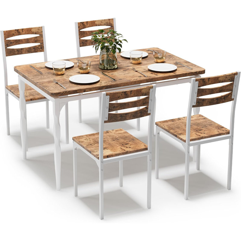 5-Piece Industrial Dining Table Set for 4, Kitchen Table & Chairs for Small Spaces, White, Brown