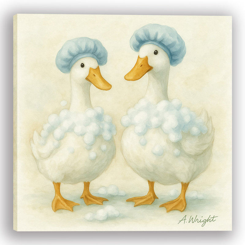 «Bubble Buddies» - Canards dans les bonnets de douche, art mural sur toile