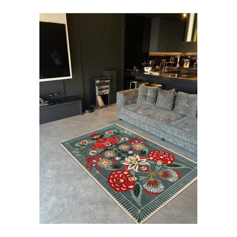 Tapis vert à motif floral multicolore, Sous-tapis rectangulaire de 3 pi 3 po x 4 pi 11 po