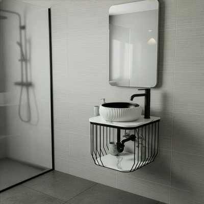  Dumbo 20" Modern Wall-Mounted Vanity with Black Metal Frame and Marble-Look Top, Compact Open-Frame Design with 16" Round Vessel Sink