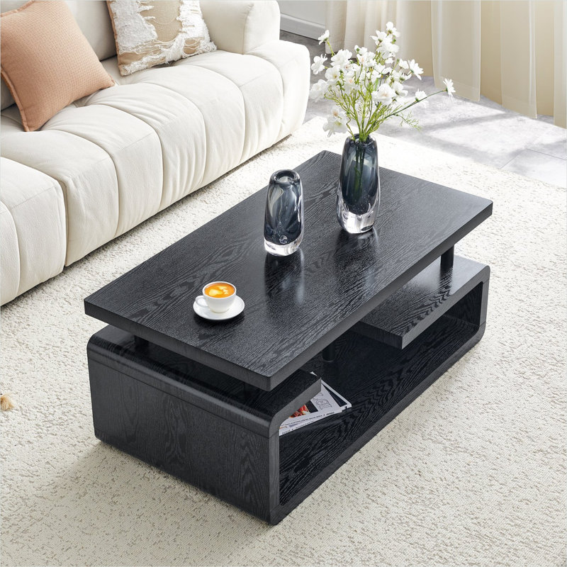 Table basse pour salon en noir de jais, table rectangulaire en bois aggloméré à trois niveaux, 43,5 pouces de largeur