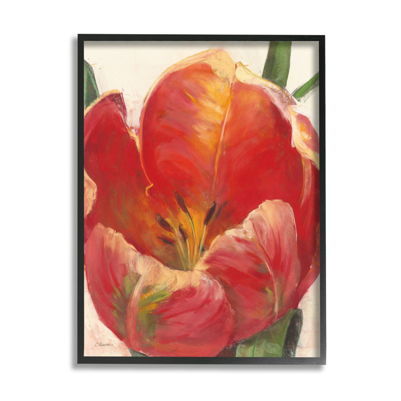Doux tulipe rouge doux à gros plan floral, H 30 po x l 24 po, Giclée encadrée noir minuit