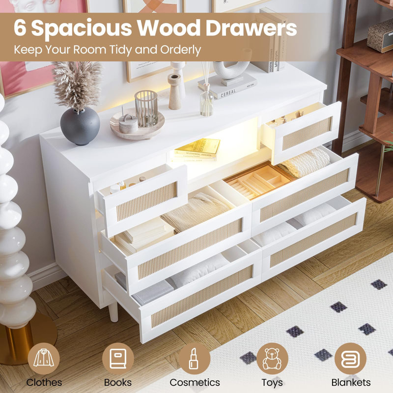Commode 6 tiroirs en rotin avec lumière DEL et station de charge, coffre de rangement en bois pour chambre à coucher