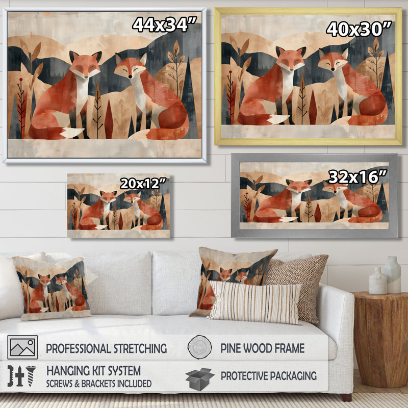 «Minimalist Fox Mountain Landscape II», reproduction d'art mural animal, Cadre flottant doré, H 30 po x l 40 po