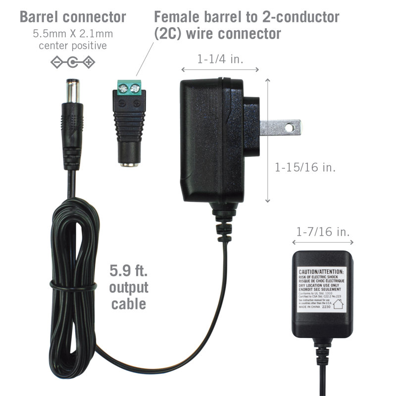 Prise d'alimentation murale avec barreau et connecteur de borne 12V DC, 12W, 12
