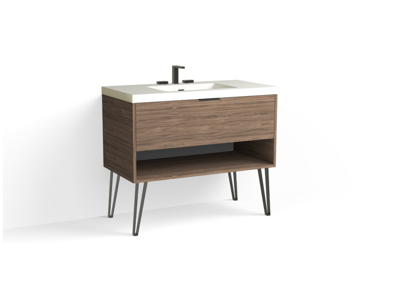 Modo 42" W Freestanding Single Bathroom Vanity with Dawson Leg, Glossy White/8" Widespread, Nocino, Satin Nickel