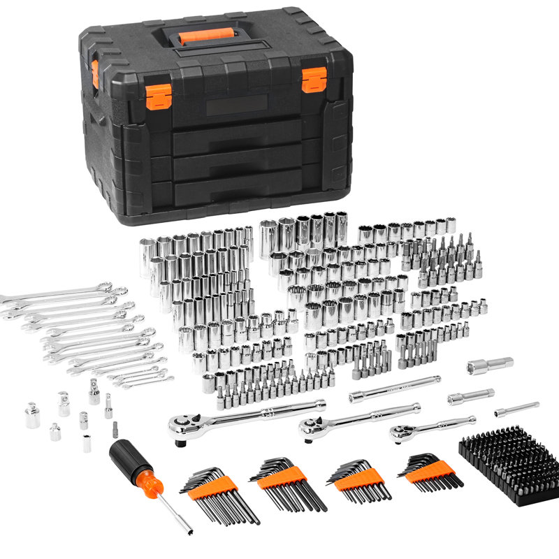 Trousse d'outils de mécanicien de 450 pièces avec douilles profondes et standard de 1/4 po 3/8 po 1/2 po, outils métriques, embouts, clés, clé combinée, accessoires dans un étui de rangement, alliage d'aluminium argenté pour divers