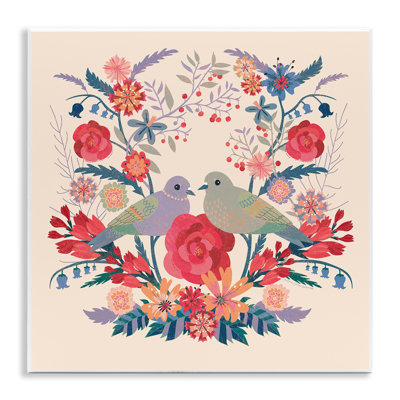 Plaque murale symétrique avec fleurs et oiseaux, design par Verbrugge Watercolor
