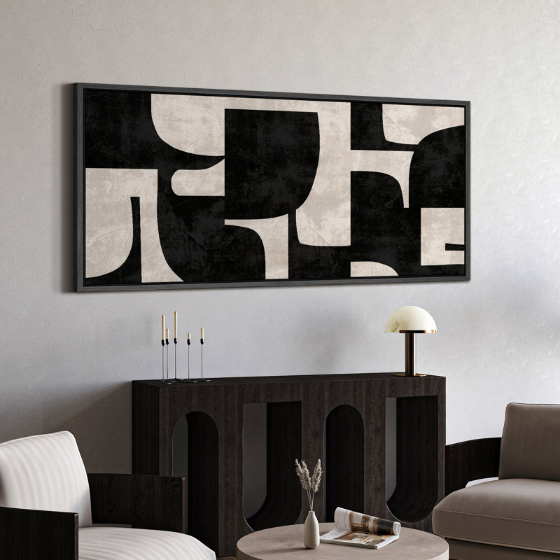 Motif géométrique abstrait géométrique noir et blanc, H 30 po x l 60 po, Noir, noir, noir, noir