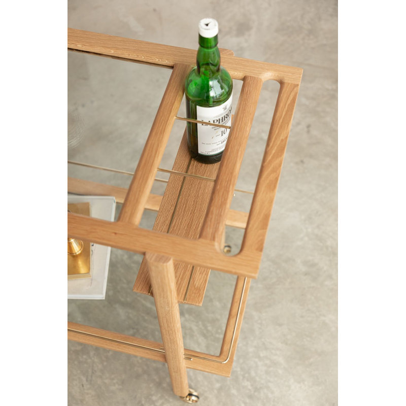 Solid Wood Bar Cart with Wheels, White Oak/Brass