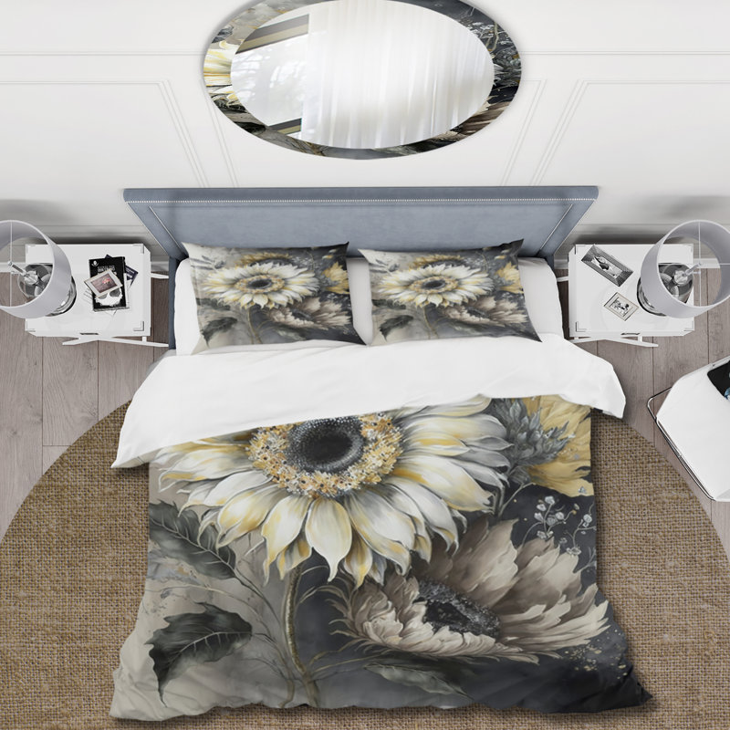 Ensemble de housse de couette White Sunflower - Floral, Housse de couette pour très grand lit et 2 très
