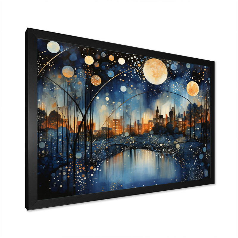 «Teal Bridge Urban Reflections Pointillism», reproduction d'art sur toile, Cadre photo noir, H 34 po x l 44 po x P 1,5 po