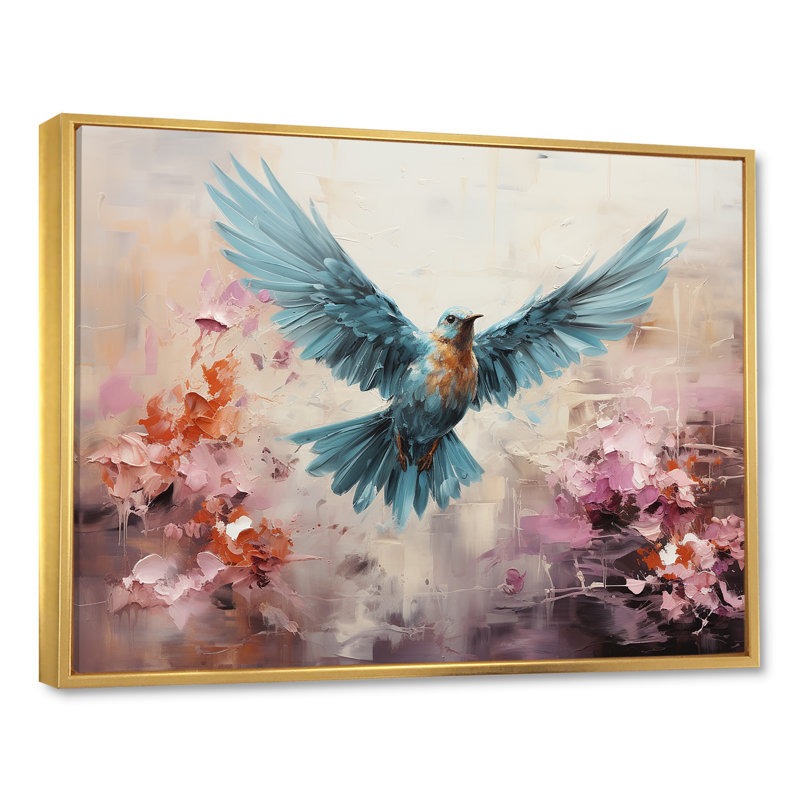Cerulean Calm Graceful Dove sur toile, Cadre flottant doré, H 34 po x l 44 po x P 1,5 po