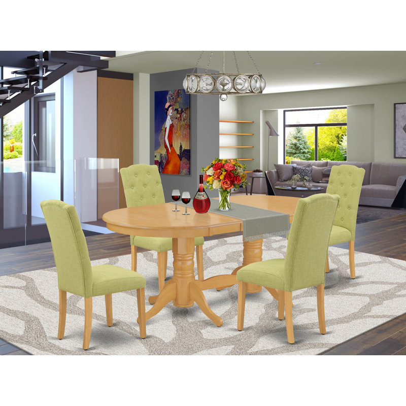 L'ensemble de mobilier de salle à manger 5 pièces comprend une table ovale en bois avec feuille papillon et 4 chaises Parsons en lin Limelight, chêne