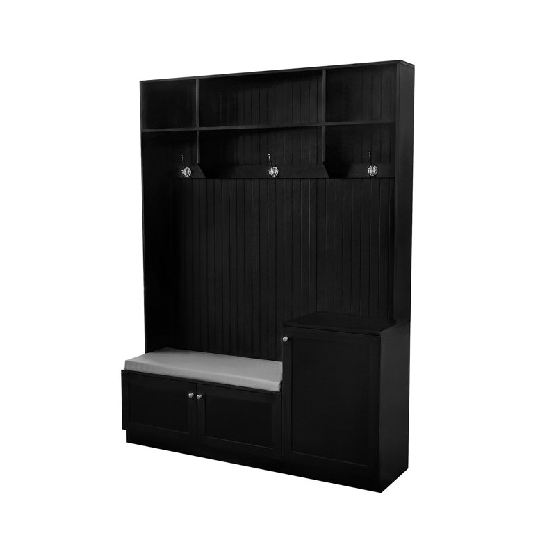 Portemanteau élégant avec solutions de confort et de rangement, armoire à chaussures fonctionnelle avec banc et coussin, portemanteau moderne avec crochets pour les entrées, noir