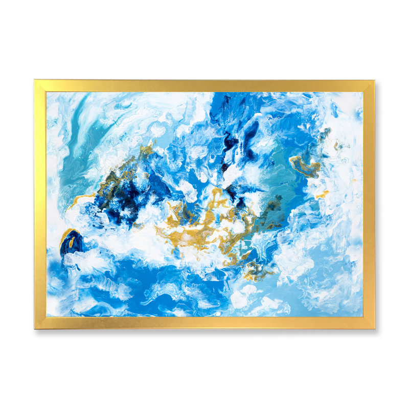 «Blue and White Liquide Waves II», peinture sur toile, H 12 po x l 20 po x P 1 po, Cadre doré