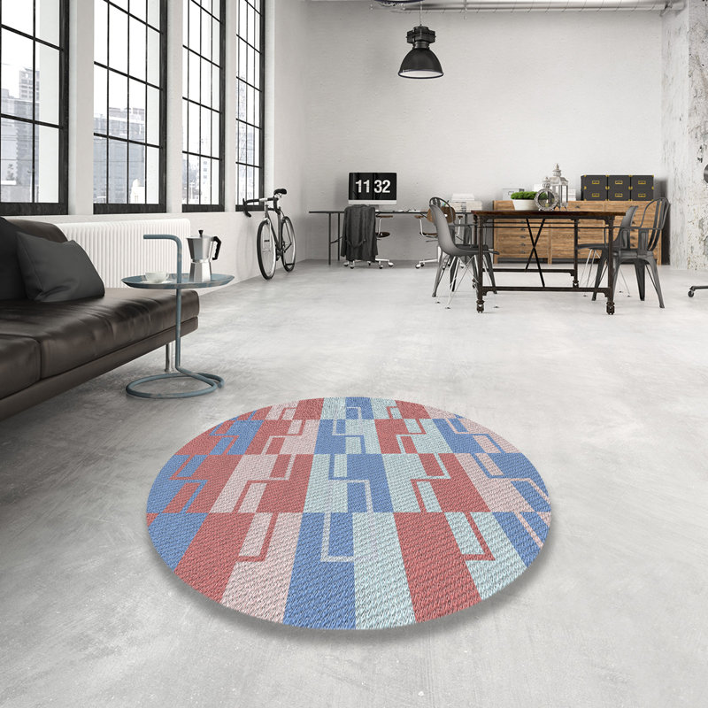 Tapis géométrique rouge / bleu marine, Rond 8 pi