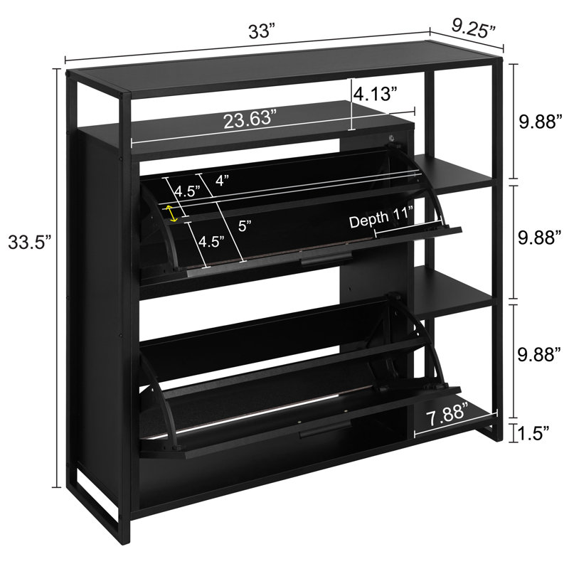 Armoire à chaussures étroite à 2 portes de 33 po x H 33,5 po avec 4 tablettes ouvertes et 2 tiroirs rabattables, rangement et cadre en métal noir