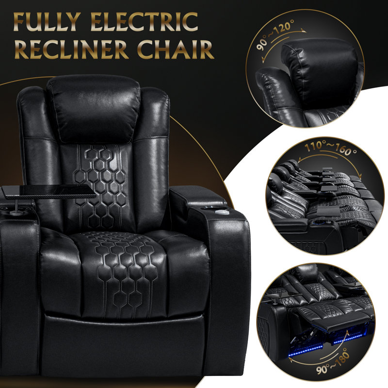 Power Recliner 5 PC Made WithTop-Grain Nappa,Fully Adjustable Relaxation,Smart Charging,Dynamic RGB LED Lighting, Black
