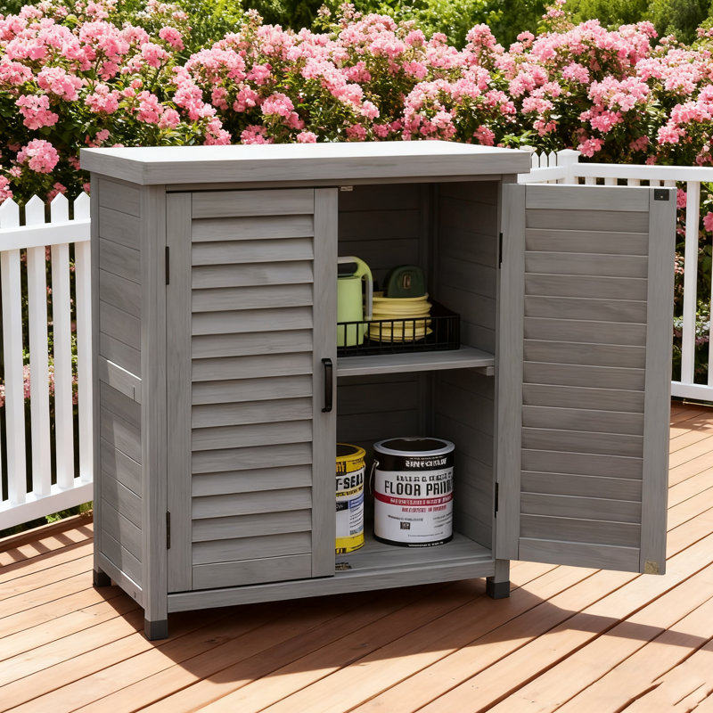 Banc de rempotage extérieur 31,5 po gris - poste de travail en bois avec armoire de rangement et plateau de table en métal pour patio et jardin