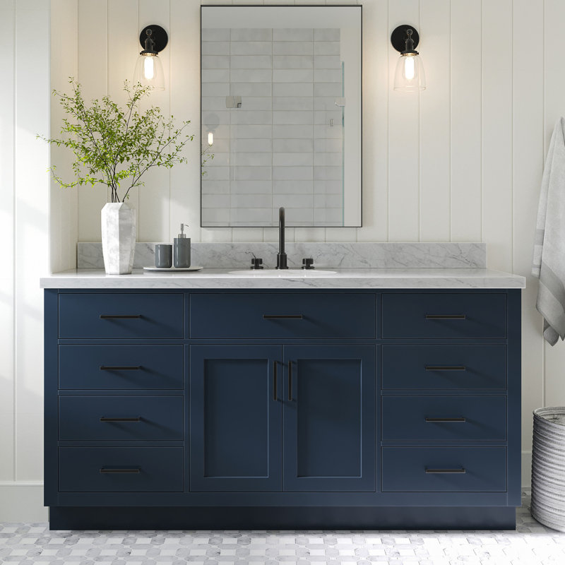 Tidworth 66'' Solid Wood Single Bathroom Vanity with 1.5'' Carrara Marble Top, Oval, Midnight Blue