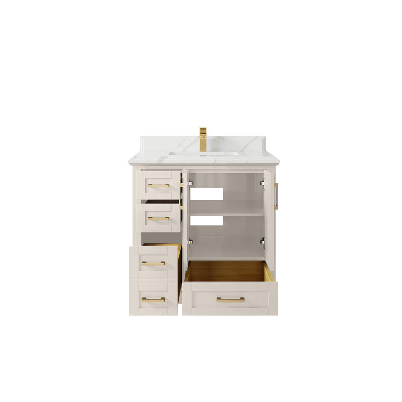 Boston 36 po X P 22 po Meuble-lavabo central D en grain fin avec quartz Cove Edge, Calacatta Laza