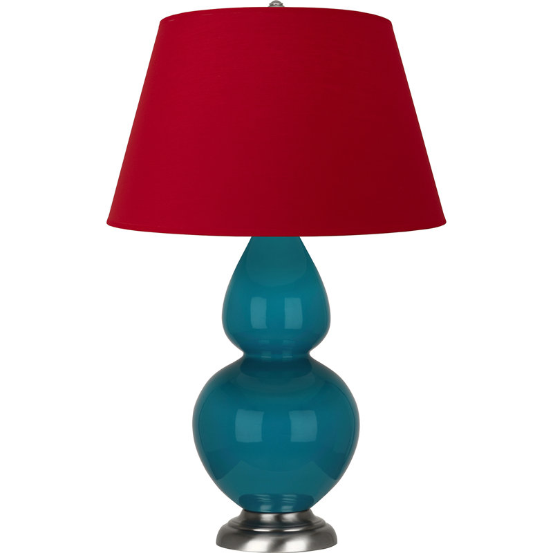 Lampe de table double gourde en céramique, Paon verni / argent antique, Blanc cassé, Argent argent