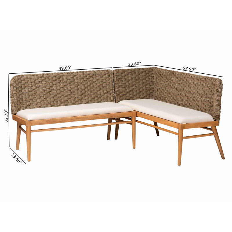 Denver Natural Seagrass and Acacia Wood Dining Nook Banquette Set