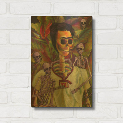 'Frida Skelly With Monkeys' By Marie Marfia Fine Art Gold Metal Wall Art, 12" x 16"