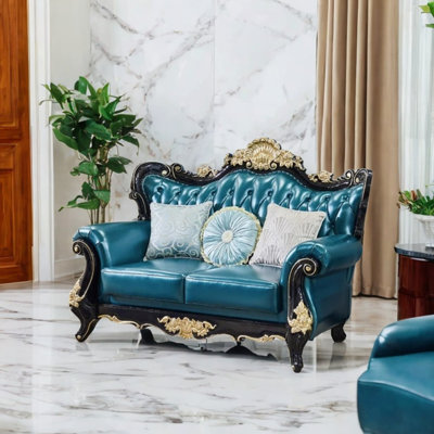 European Style Leather Solid Wood Carving Sofa 70.8'' Leather Loveseat