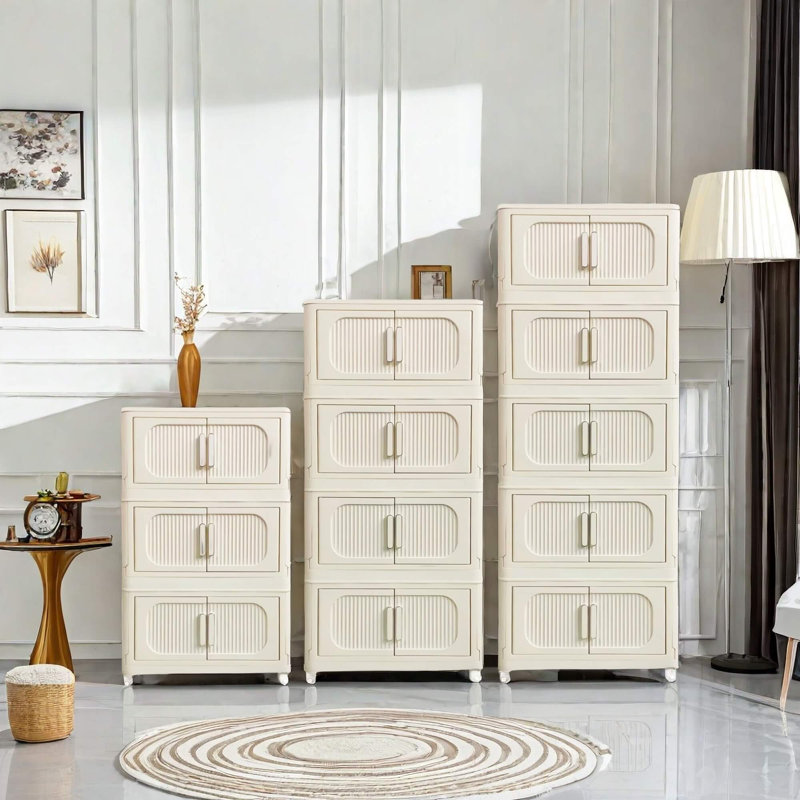 Armoire de rangement pliante à 5 niveaux crème avec roulettes - Organisateur en plastique de 19,69 po de largeur avec portes magnétiques, conception pliable pour la maison et le bureau
