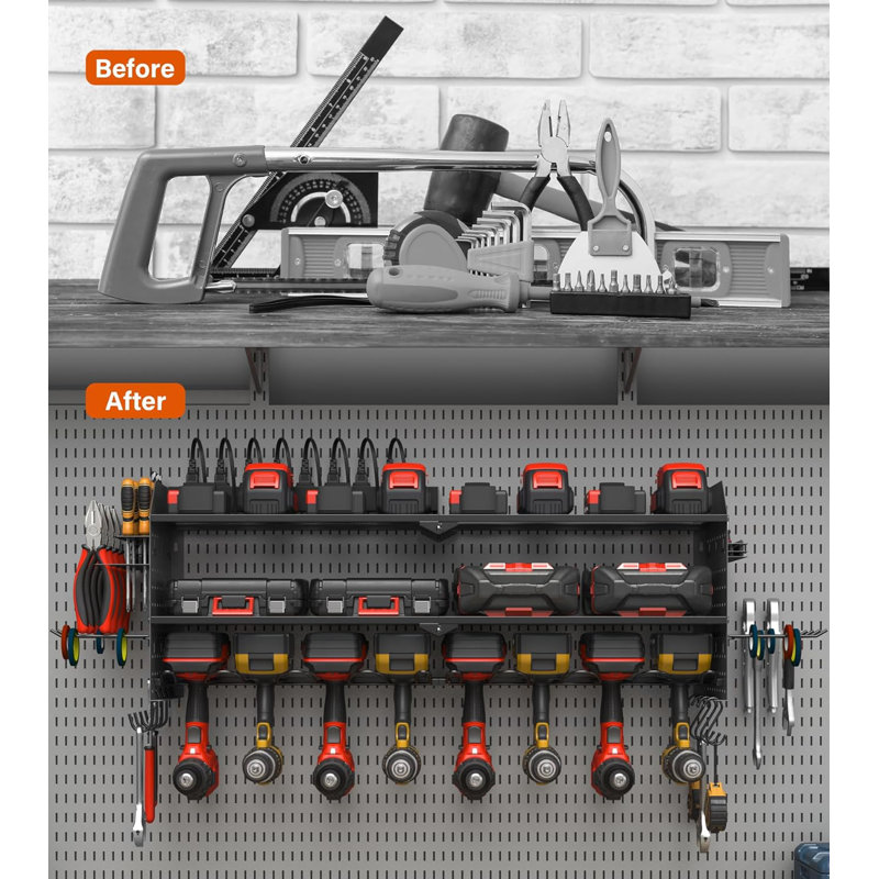 Organisateur de panneau perforé avec station de charge, 8 prises et porte-piles - support de rangement mural