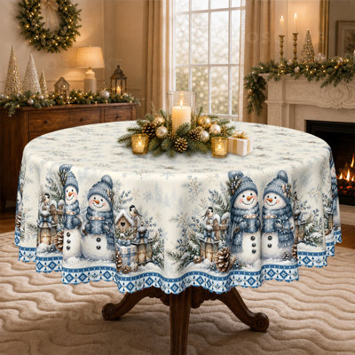 Nappe rétro bleu bonhomme de neige - Motif de bordure Winter Wonderland avec lanternes et pommes de pin - Décoration repas des Fêtes