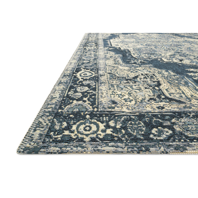 Tapis oriental bleu / crème Pinafor, Rectangle 6 pi 7 po x 9 pi 4 po