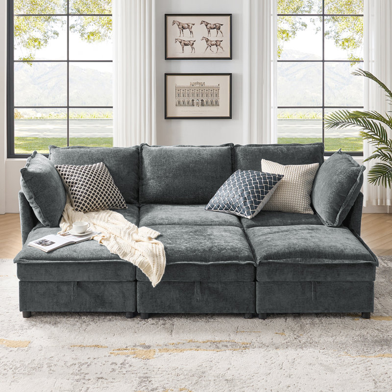 Canapé modulaire de rangement extra large 6 pièces Cheltenham, Polyester gris