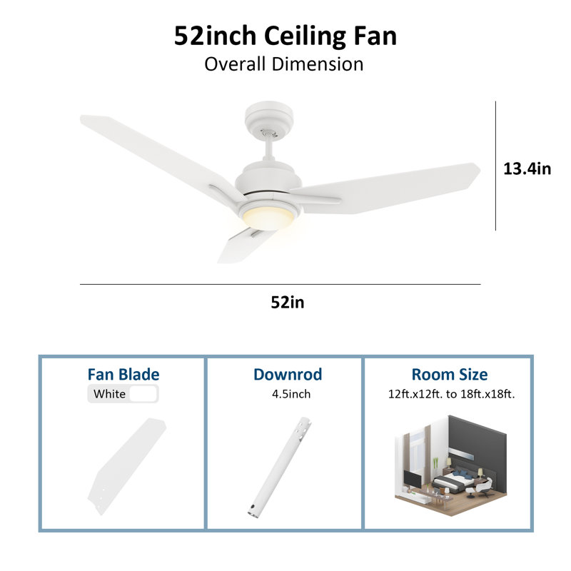 Ventilateur de plafond intelligent à 3 pales avec lumière DEL, Blanc, H 52 po x l 5,8 po x L 24,8 po