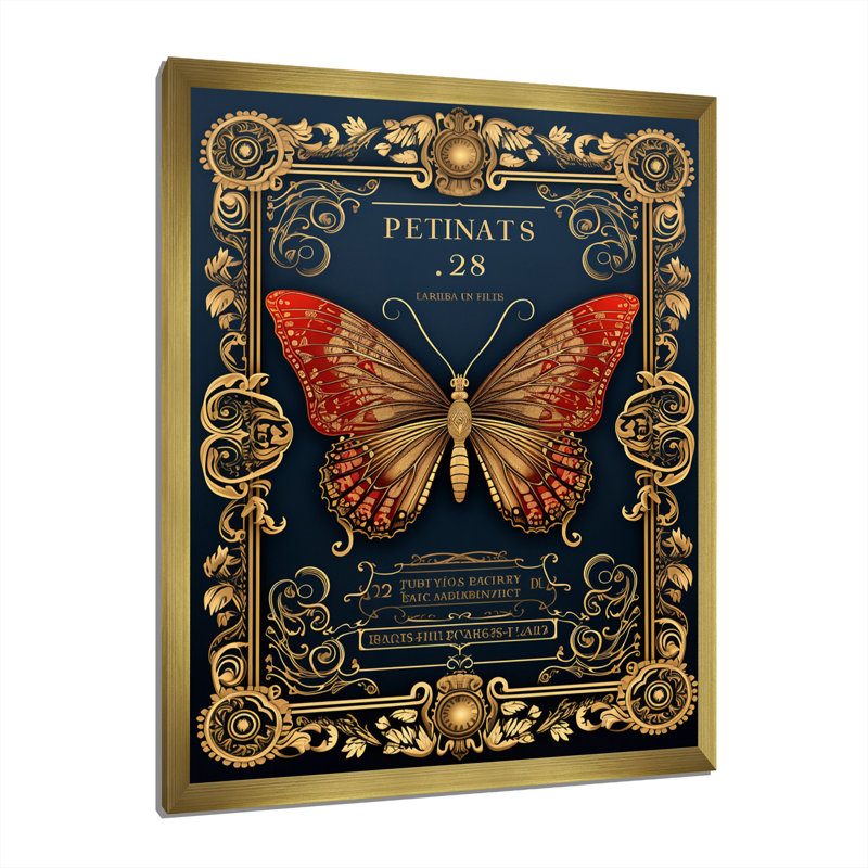 Illustration rétro d'un papillon rouge, H 20 po x l 12 po x P 1 po, Cadre doré à une seule photo