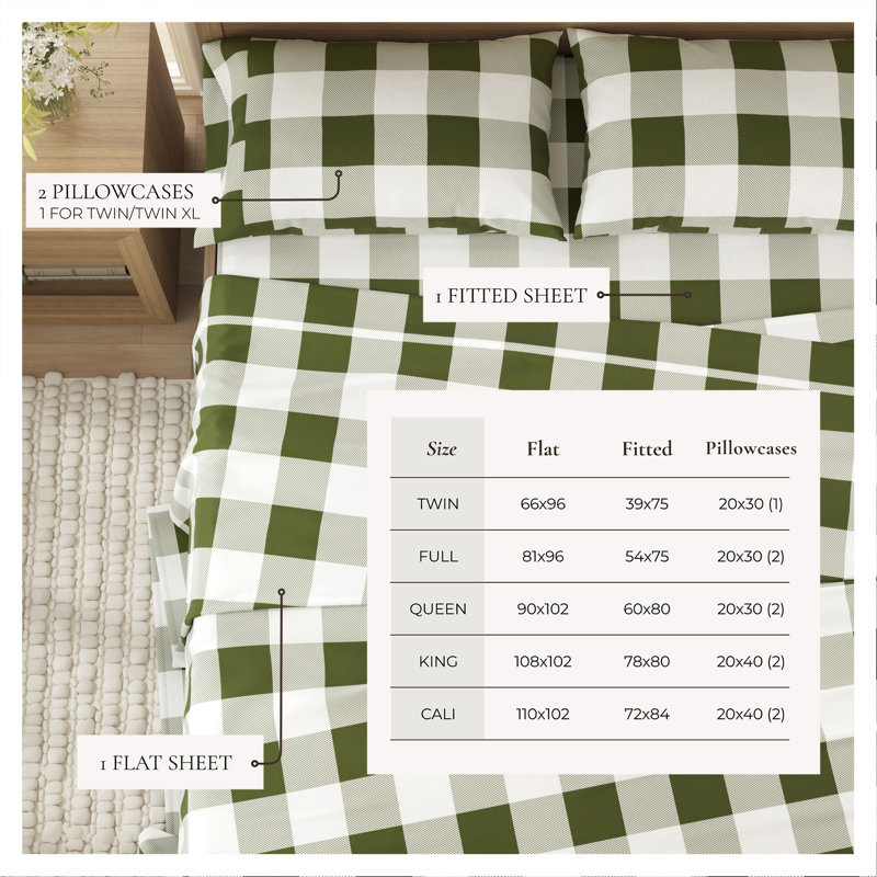100% Turkish Cotton Flannel Christmas Sheet Sets, Buffalo Check/Green Checkered, California King with 2 Pillowcases