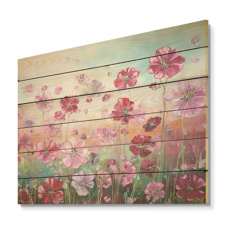 Élégant géraniums, champ de fleurs, art mural en bois sur bois de pin naturel, H 24 po x l 32 po