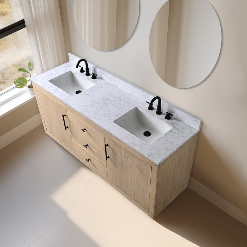 Meuble-lavabo double autoportant, Blanc Arabescato, Blé clair, 72"